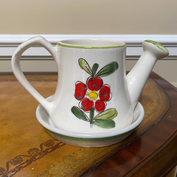 Vintage Hand Painted Ceramic Watering Can Vase Planter - Picture 3 of 6